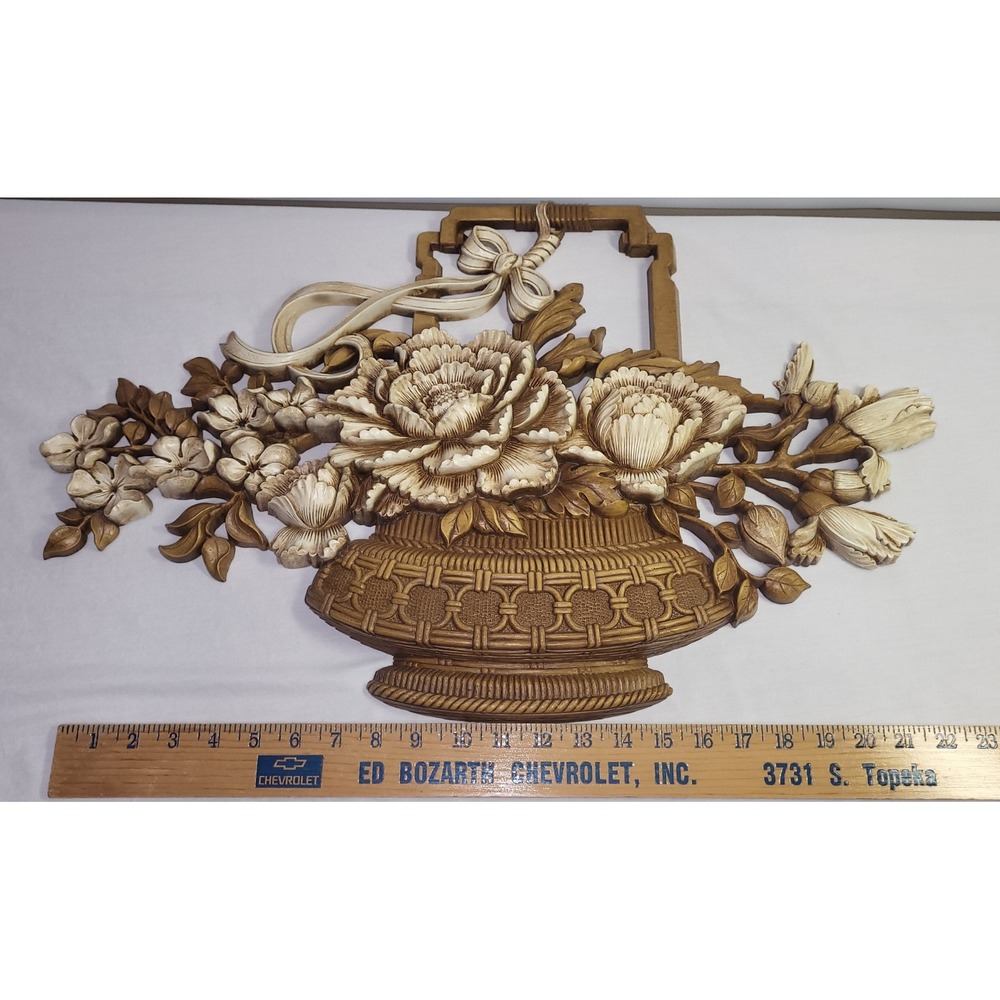 Vintage Syroco Homco 1975 Basket Of Flowers Wall Art Plaque #7605 25" x 15"